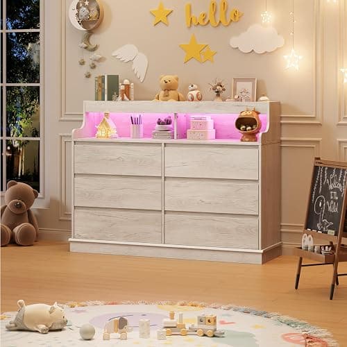 Garvee 6 Drawer Dresser, Desser for Bedroom with LED Lights and Charging Station, Wide Chest of Drawers with Open Space, Modern Large Capacity Storage Cabinet, Living Room, Hallway, Oak thumbnail 3