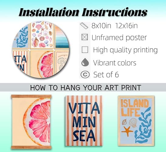 MBFKVFE 6 Pcs Coastal Wall Art, Colorful Beach Wall Decor with Seashell Starfish Coral and Grapefruit, Tropical Island Life Prints & Paintings for Bedroom Dorm Living Room 8x10 / 12x16 Inch Unframed thumbnail 8
