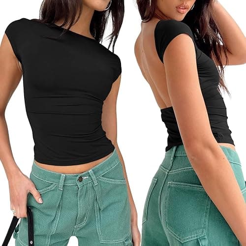 Women Sexy Backless Going Out Top Double Lined Y2K Open Back Crop Tops 2025 Backless Tee Shirts Summer Trendy - Image 1