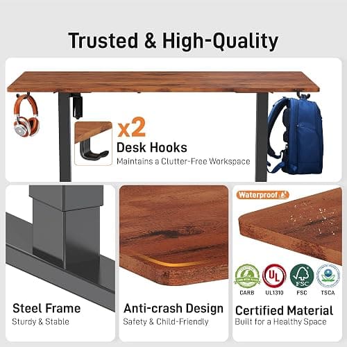 IMHome Electric Standing Desk 40x24 Inches Height Adjustable Desk, Brown | Computer Desk for Home and Office, Height Memory Buttons, Display, 2 Headphone Holders thumbnail 7