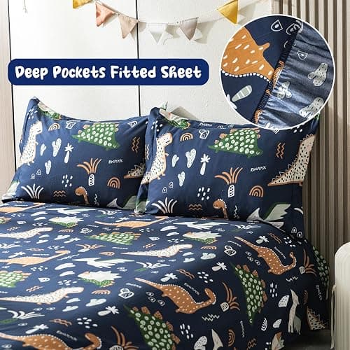 HollyHOME 5 Pieces Teens Bed in A Bag Comforter Set Dinosaur Pattern Bedding Set for Boys, Blue, Twin thumbnail 4