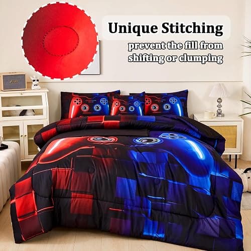 ASKOTU 6 Pcs Full Boys Bedding Set, Red Blue Gamer Comforter Set for Boys with Sheets, Microfiber Geometric Gamer Full Size Bedding Set for Boys - Red-blue - Full-6pcs thumbnail 7