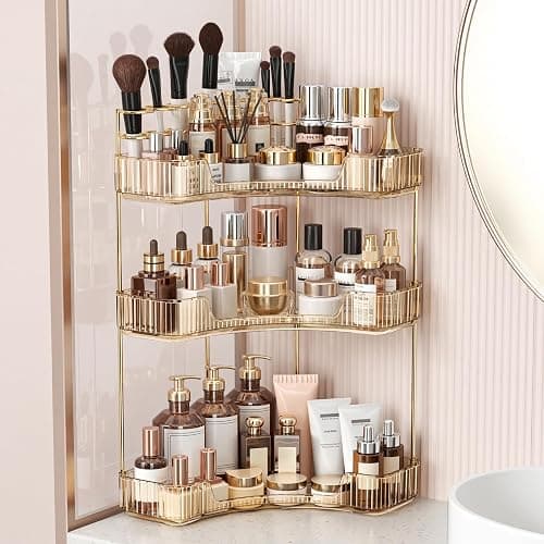 BEFSOP Corner Bathroom Counter Organizer, Upgraded 3-Tier Makeup Organizer Countertop with Makeup Brush Holder, Skincare Exquisite Vanity Organizers Countertop Bathroom Storage Dresser(GOLD) - Image 1
