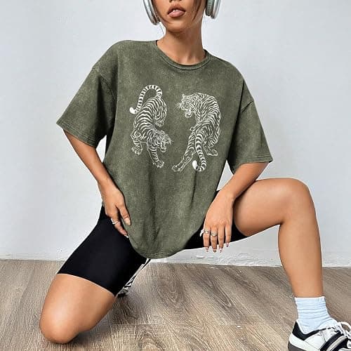 Weetiotio Tiger Graphic Tees Shirt for Women Oversized Streetwear Shirts Acid Wash Tshirt Tigers Print Cotton Summer Tops thumbnail 4