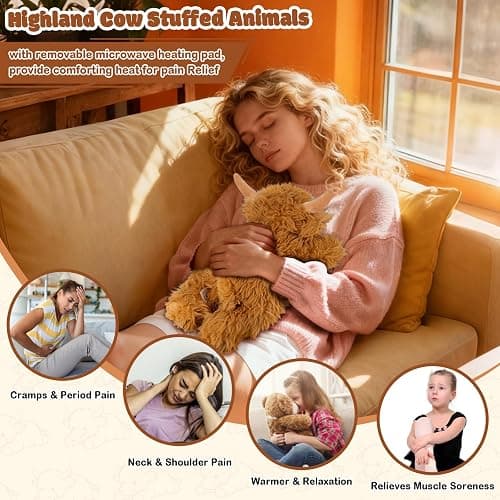 Highland Cow Stuffed Animals with Removable Microwave Heating Pad for Period Cramps Pain, Stress Relief, Weighted Stuffed Animals Lavender Scented Cow Plush for Sooth & Relax, Highland Cow Gifts thumbnail 4