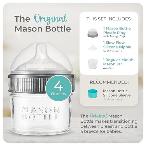 Mason Bottle 4oz Baby Glass Bottle Breast-Like Slow Flow Nipple, Cap & Ring | BPA-Free, Non-Toxic, Anti-Colic Baby Bottle, Complete Baby Feeding Bottle, Breastmilk Mason Bottle, Newborn Baby Essentials thumbnail 2