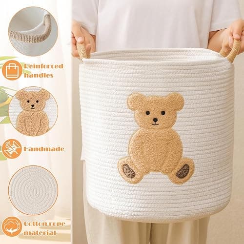Large Blanket Baskets for Living Room, Teddy Bear Baskets Toy Storage Basket, 14" x 14" Woven Cotton Rope Basket for Kids, Toys Organizer Clothes Hamper with Embroidery, Teddy Bear Nursery Decor thumbnail 6