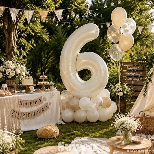 SUWEN 40 Inch Cream White Large 6 Balloon Numbers Big Foil Helium 0-9 | Jumbo Happy 6th Mylar Birthday Party Decorations for Men or Women Anniversary Party Supplies thumbnail 2