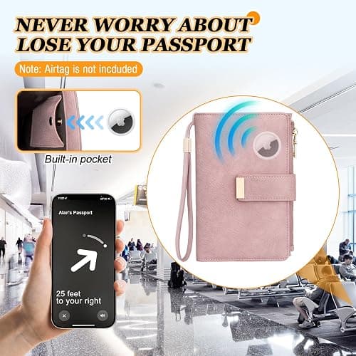 HUANLANG Passport Holder with Airtag for Women/Men, Airtag Passport Wallet for Travel Leather Passport Holder RFID Blocking,Travel Passport Walelt with Credit Card Holder - Pink thumbnail 4