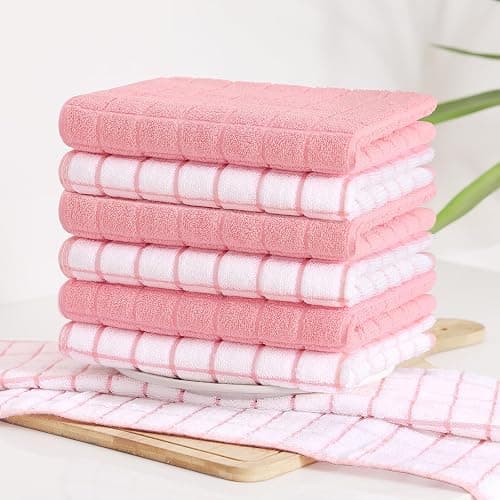Homaxy Premium Cotton Kitchen Towels 16"x 28", Large Natural Ring Spun 390 GSM Dish Towels, Super Absorbent Terry Kitchen Hand Towels, Soft Tea Towels with Hanging Loop, Pink Check Design, 6 Pack thumbnail 9