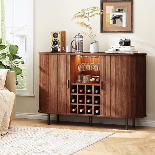 ONBRILL 55" Wine Bar Cabinet with LED Light,Modern Liquor Whiskey Coffee Station with Wine Rack and Glass Holder, Farmhouse Buffet Sideboard with Storage for Living Room, Kitchen, Entryway (Walnut) thumbnail 3