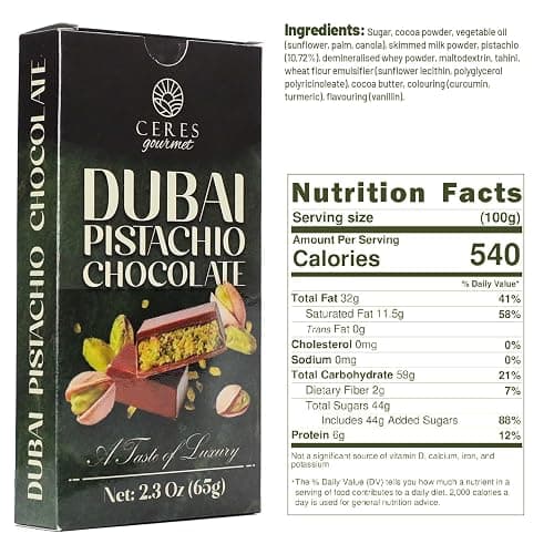 Ceres Gourmet Dubai Chocolate Bar, Pistachio Knafeh Chocolate Snack 2.3oz (65g) with Crispy Kunafa Layers and Smooth Milky Chocolate, Individually Wrapped Premium Gift-Style Treat for Special Moments thumbnail 2