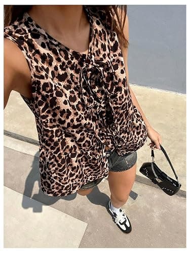 GORGLITTER Women's Cheetah Print Top Sleeveless Bow Tie Front Peplum Babydoll Vest Tops Going Out Blouse Shirt thumbnail 3