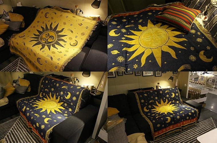 Erke Moon and Sun Throw Blanket Celestial Chair Recliner Cover Bed Spread Hippie Room Decor, Double Sided Cotton Woven Sofa Couch Furniture Aesthetic Witchy Throws - 50" X 70", Yellow/Blue thumbnail 6