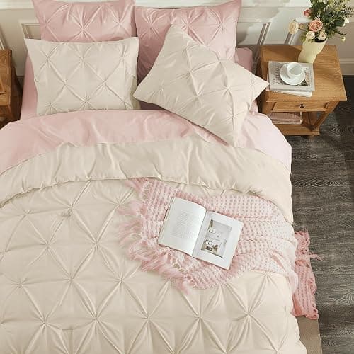 Andency Beige Comforters Queen Size, 3 Pieces Cream Bedding Set & Collections for Women Men, All Season Soft Fluffy Lightweight Pinch Pleat Bed Comforter Set (90x90Inch) thumbnail 5