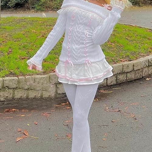 Y2k Off The Shoulder Sweater for Women Lolita Cute Bow Front Lace Trim Knit Pullover Kawaii Long Sleeve Jumper Tops thumbnail 3