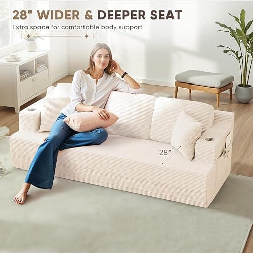 Homall 87” Boneless Sofa Couch with 2 Pillows Extra Deep Seats, Corduroy Fabric 3 Seater with Cup Holder & Storage Pocket Upholstered Floor Easy Installation (White, 3 Seater) thumbnail 6