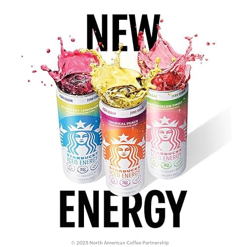 Starbucks Iced Energy Drink, 3 Flavor Variety Pack (Tropical Peach, Watermelon Splash, Blueberry Lemonade), Zero Sugar Energy Drink, Plant Based Caffeine, Hydration, Mental Clarity, 12x12 Fl Oz Cans thumbnail 4