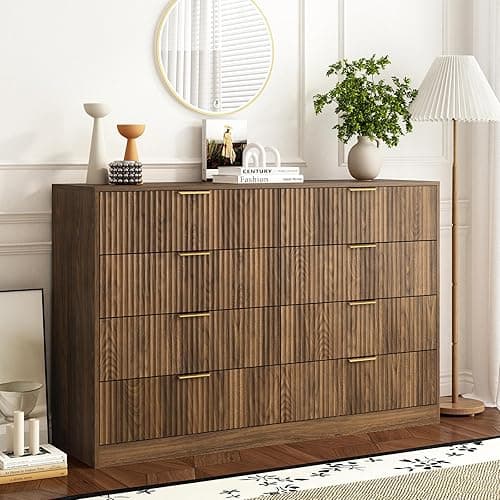 Sscaktu 8 Drawer Dresser for Bedroom, Modern Fluted Double Dresser, 55" Wide Chest of Dressers, Mid Century Wooden Beside Table for Closet, Living Room and Entryway, Natural - Image 1