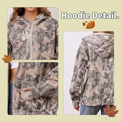 Eutten Womens Camo Zip Up Hoodie Long Sleeve Maple Leaf Print Oversized Hooded Jacket Fleece Full Zip Sweatshirt with Pockets thumbnail 6