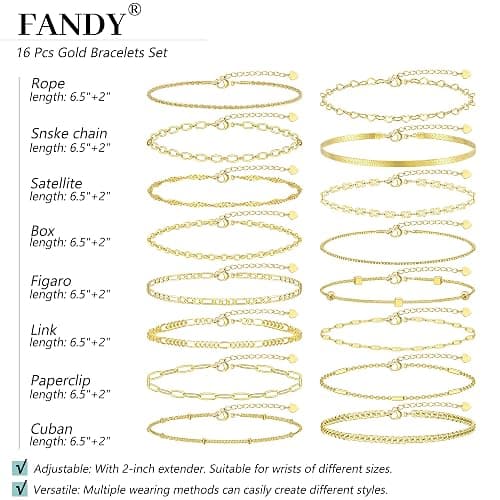 16 PCS Gold Bracelets for Women, Dainty Bracelets Set for Women Trendy, Gold Stackable Cuban Link Paperclip Chain Bracelet Pack Jewelry Gifts for Women thumbnail 6