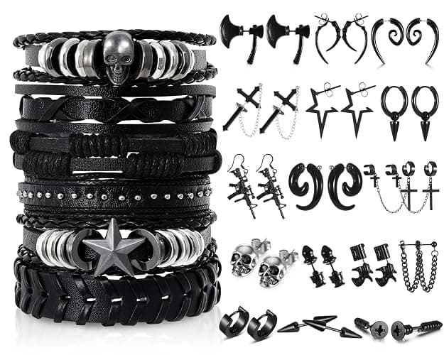 gisgfim 22 Pcs Punk Goth Grunge Jewelry Set for Men Women Leather Bracelets Stainless Steel Y2K Black Piercing Dangle Earrings Bulk Vintage Cool Emo Jewelry Sets Party Costume Accessories Gifts - Image 1