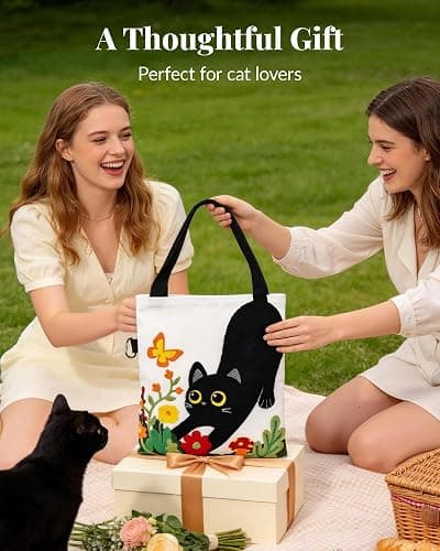 Jeasona Canvas Tote Bag for Women,Cute 3D Black Cat & Flowers Reusable Embroidered Canvas Shoulder Bag thumbnail 7