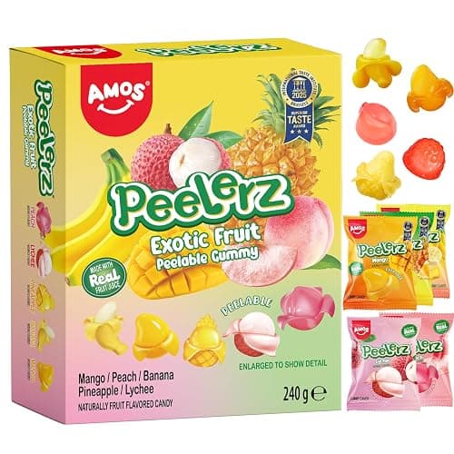AMOS Peelerz Peelable Gummy Candy, 5 Fruit Flavors Sweets Gift Box 240g | Featuring Mango, Peach, Banana, Pineapple & Lychee Flavors. Individually Wrapped Real Juice Candy for Fun Family Snacking. - Image 1