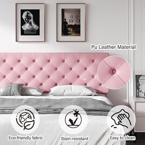 REVOMINCA Full Bed Frame with Headboard, Faux Leather Upholstered Platform Bed Frame, Pink Bed Frame Full Size, Wooden Slat Support, No Box Spring Needed, Pink thumbnail 4