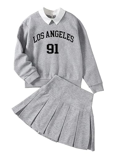 Ecolala Girls 2 Piece Outfits Cute Preppy Graphic Long Sleeve Sweatshirt and Pleated Skirt Set - Image 1