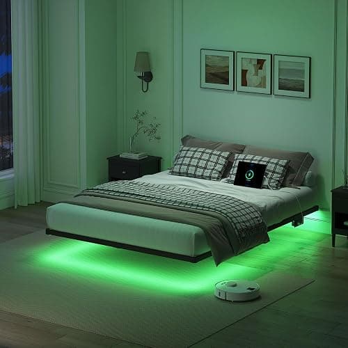 YORMDMO Floating Bed Frame Queen Size, Heavy Duty Bedframe with Smart LED Lights & Charging Station, Modern Metal Platform Bed, Easy Assembly No Box Spring Needed, 10 Inch - Image 1
