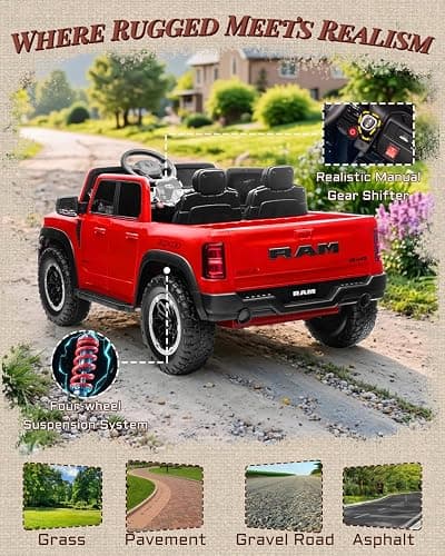 First Ride On 24V Ride On Toys for Big Kids, RAM 1500 2 Seater Ride on Car w/Remote, Battery Powered Truck w/ 4 Wheels Suspension, Toddler Car w/Bluetooth, LED Lights, Trunk thumbnail 8