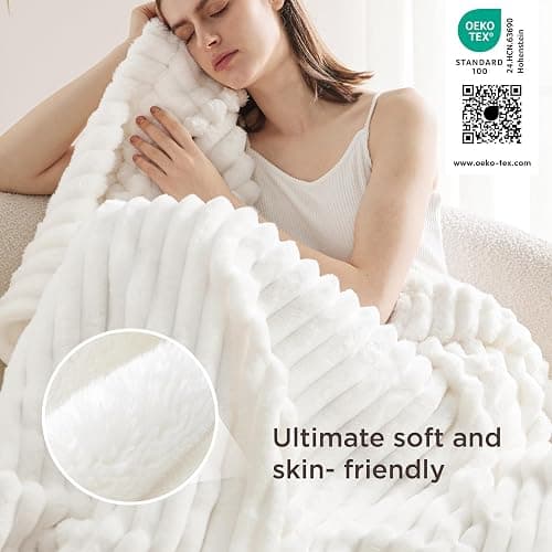 Bedsure Fleece Throw Blanket for Sofa - Fluffy Cosy Warm Blankets for Bed, Soft Cute Single Throw Gifts for Women and Girls, Off White, 130x170 cm thumbnail 6