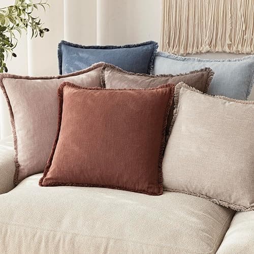 Foindtower Set of 2 Decorative Linen Fringe Throw Pillow Covers Boho Farmhouse Cushion Cover with Tassels Accent Pillowcase for Couch Chair Sofa Bed Living Room Home Decor,22×22 Inch,Rust Red thumbnail 7