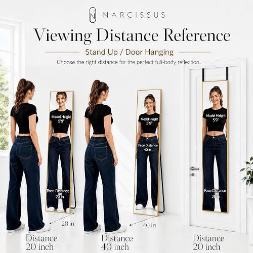 NARCISSUS Full Length Mirror 57x16 Inch, Over The Door Mirror with Stand, Wall Mounted or Freestanding/Door Hanging Full Body, Aluminum Alloy Frame, Gold thumbnail 6