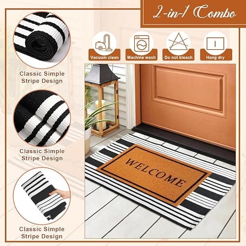 Maasechs 2 Pcs Welcome Doormat 24'' x 35'' Black White Stripes Outdoor Rug and 24'' x 16'' Coir Doormat Non Slip Layered Floor Mat for Outside Entrance Front Porch(Welcome) thumbnail 4