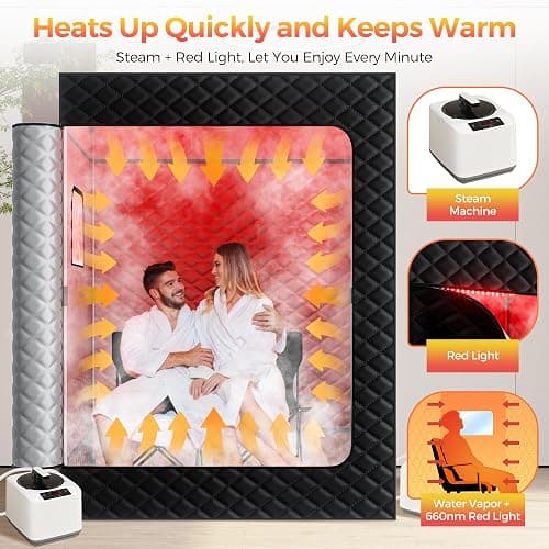 KASUE Upgraded 2 Person Sauna, Portable Infrared Sauna with 5-Layer Waterproof, 2 Steamers, 2 Folding Chair, 71”x 36”x 49” for Indoor, Outdoor, Gym, Spa, Carbon Black thumbnail 2