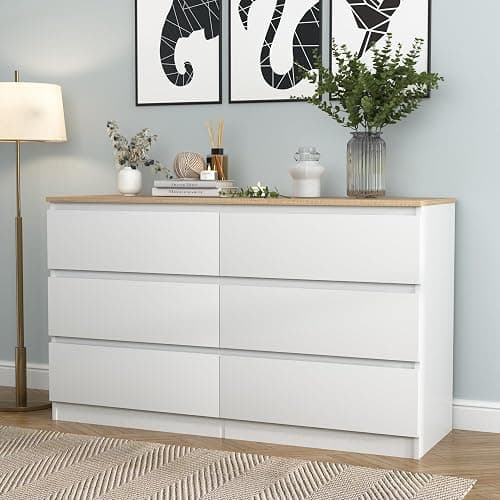 Spaco White Dresser for Bedroom with Oak Top,Modern 6 Drawer Dresser with Deep Drawer,Wide Storage Chest of Drawers,Bedroom Storage Organizer Furniture,TV Stand for Living Room thumbnail 8