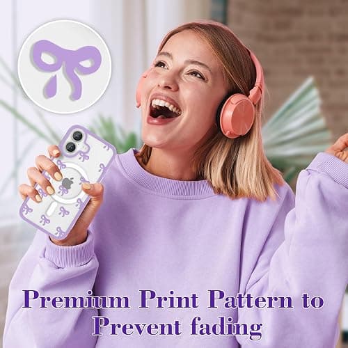 EYZUTAK Magnetic Case for iPhone 17, Compatible with MagSafe, Clear Cute Ribbon Bowknot Pattern Aesthetic Bow Phone Case Stylish Slim Anti-Yellowing Durable PC Protective Cover for Women Girls- Purple thumbnail 8