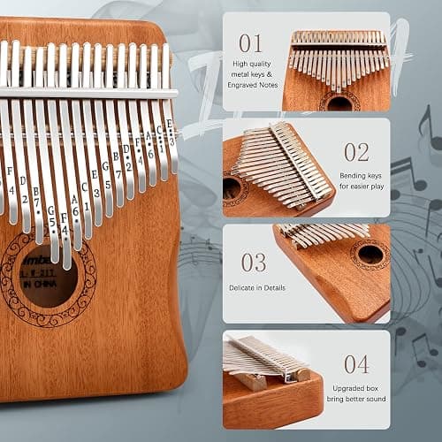 Kalimba Thumb Piano,YUNDIE Potable 17 Keys Mbira Finger Piano with Tune Hammer and Study Instruction,Musical Instruments Gift for Adult Beginners Professional (Brown, 21keys) thumbnail 2
