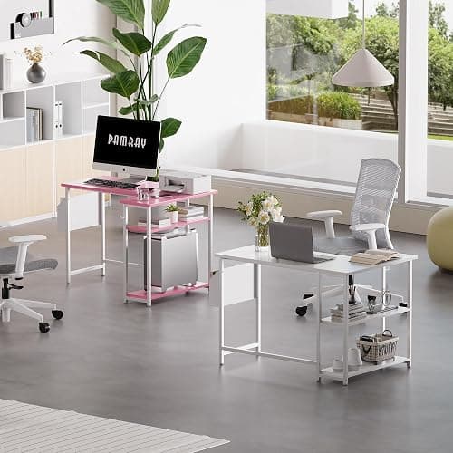 Pamray 40 Inch L Shaped Computer Desk with Reversible Side Storage Shelves, Small Corner Desk for Small Space Home Office, Writing Study Table PC Desk for Bedroom, Pink thumbnail 4
