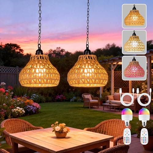 ALL FORTUNE Rechargeable Hanging Pendant Lights, 2 Pack Battery Operated Outdoor Chandelier with Remote, No Wiring for Outdoor Patio, Gazebo, Porch Decor - Image 1