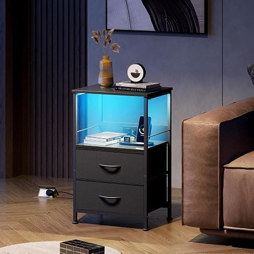 WLIVE LED Night Stand with Charging Station, Black Nightstand with 2 Fabric Drawers and Storage Shelf, Dorm Bedside Table End Table with 2 USB Ports and Outlets, Small Dresser for Bedroom thumbnail 7