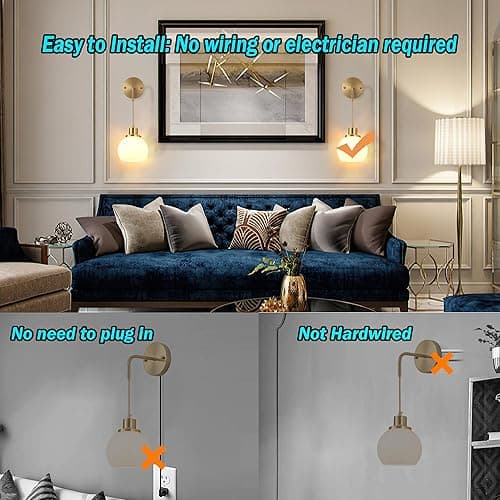 Wall Sconces Set Of Two Battery Operated Sconces With Remote,Rechargeable Wall Sconce Non Hardwired UP To 50 Hours Long Life,Globe Glass Wall Sconce With RGB light Bulb For Bedroom Living Room - Brass thumbnail 7