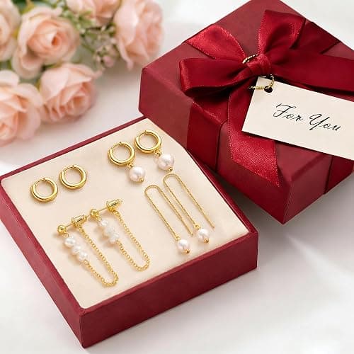 Pearl Earrings for Women, Gold Plated Huggie Hoop Drop Earrings | Hypoallergenic pearl hoop earrings designed for multiple piercings, cartilage styling and everyday wear thumbnail 6