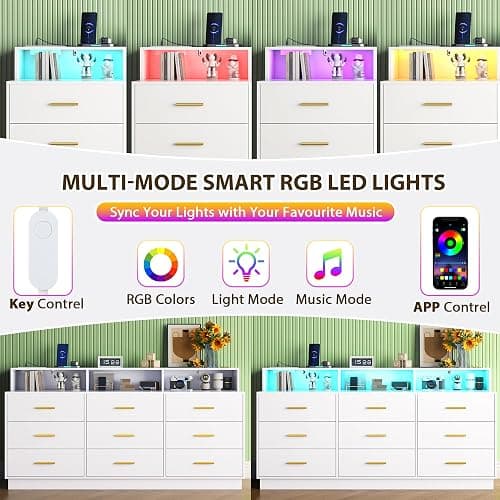knoworld White 9 Drawer Dressers for Bedroom, Modern Large Dresser with LED Light and Power Outlet, Wooden Long Dresser, Triple Dressers for Bedroom, Living Room, Entryway, Hallway thumbnail 4