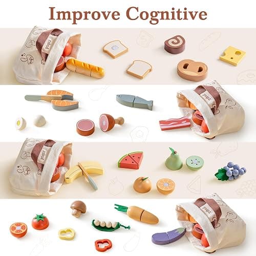 ROBUD Wooden Toy Food Set, Cutting Toy Food for Pretend Play Kitchen Accessories Toyfood Playset with Storage Bag, Toys Gifts for 3+ Year Old Girls Boys thumbnail 3