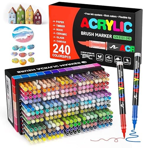 DICEKOO 240 Colors Acrylic Paint Markers, Soft Brush Tip Pens with Automatic Ink Control System, Waterproof, Quick-Drying, Lightfast, for Rock Painting, Canvas, Wood, Egg & DIY Crafts Art Supplies - Image 1