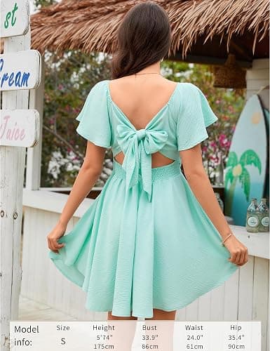 Florboom Women's Sweetheart Knot Front Dress Flutter Sleeve Tie Back A-Line Chiffon Mini Dresses thumbnail 4