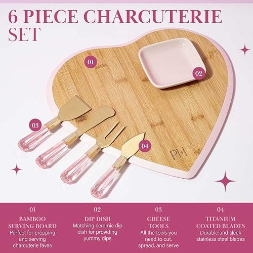 Paris Hilton Charcuterie Board and Serving Set, Bamboo Serving Board, Ceramic Dish, Cheese Utensils with Titanium Coated Blades, 6-Piece Set, Pink thumbnail 3